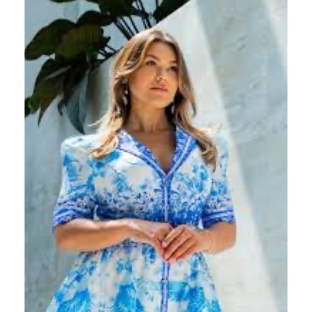L'Artiste Puff Sleeve Fit and Flare Sz 2X Floral‎ Mini Dress White Blue Peacock